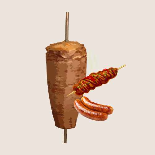 Illustration of gyro on a spit with sausage and skewer