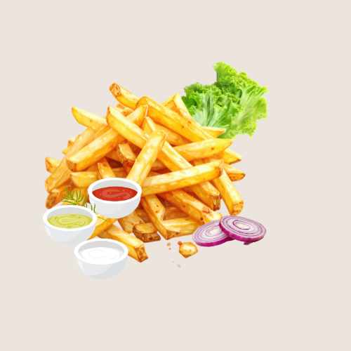 Illustration of fries with dips and onion